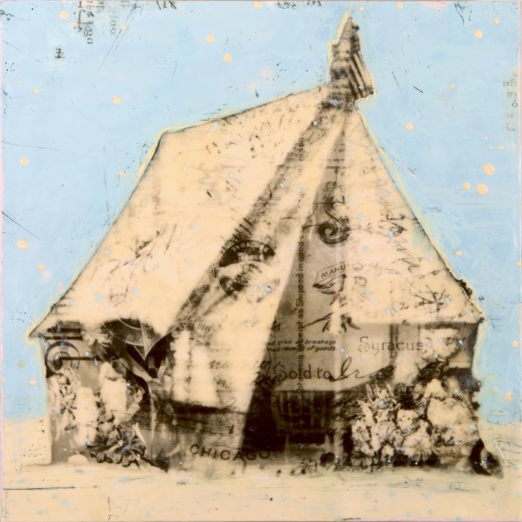 The Poet's Encampment, photo collage, encaustic and mixed media, 18x18x2. ©Marybeth Rothman