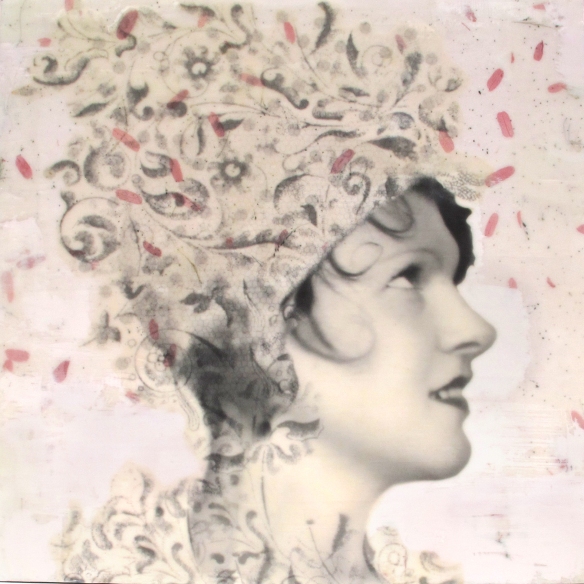 Billie, 12x12x2", photo collage, encaustic and mixed media. ©Marybeth Rothman