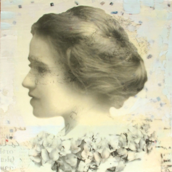 Jewel, 12x12x2", photo collage, encaustic and mixed media. ©Marybeth Rothman
